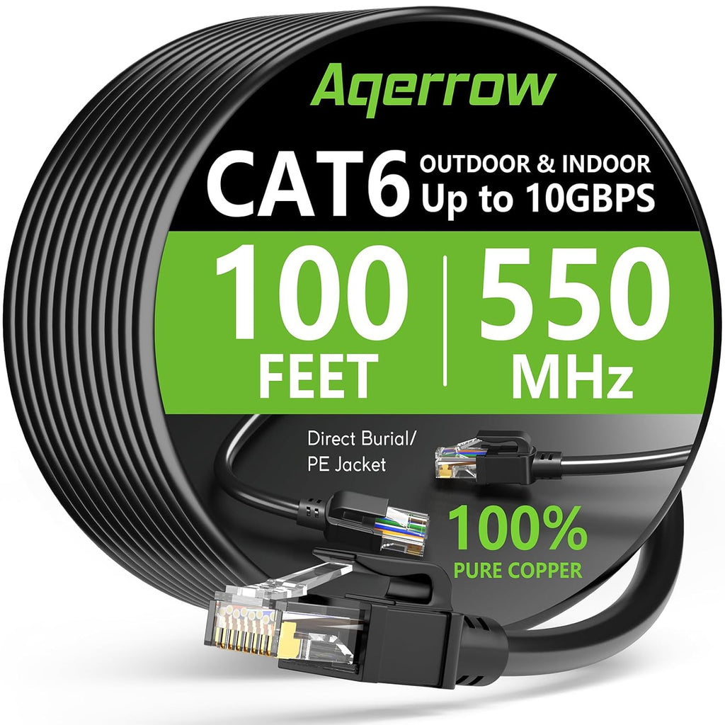 Cat6 Ethernet Cable 100FT, Outdoor Direct Burial Cat 6 Cable 24AWG High Speed up to 10Gbps, 550Mhz LLDPE (PE) Uv-Resistant Waterproof RJ45 Network Internet Cable with 60 Ties for Router, Black
