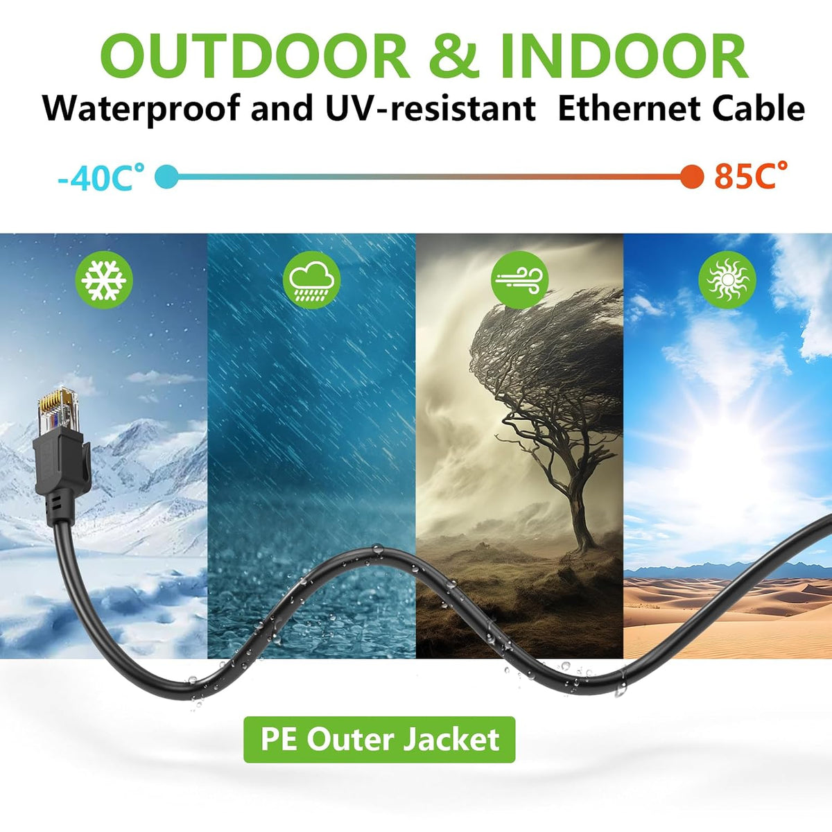 Cat6 Ethernet Cable 100FT, Outdoor Direct Burial Cat 6 Cable 24AWG High Speed up to 10Gbps, 550Mhz LLDPE (PE) Uv-Resistant Waterproof RJ45 Network Internet Cable with 60 Ties for Router, Black